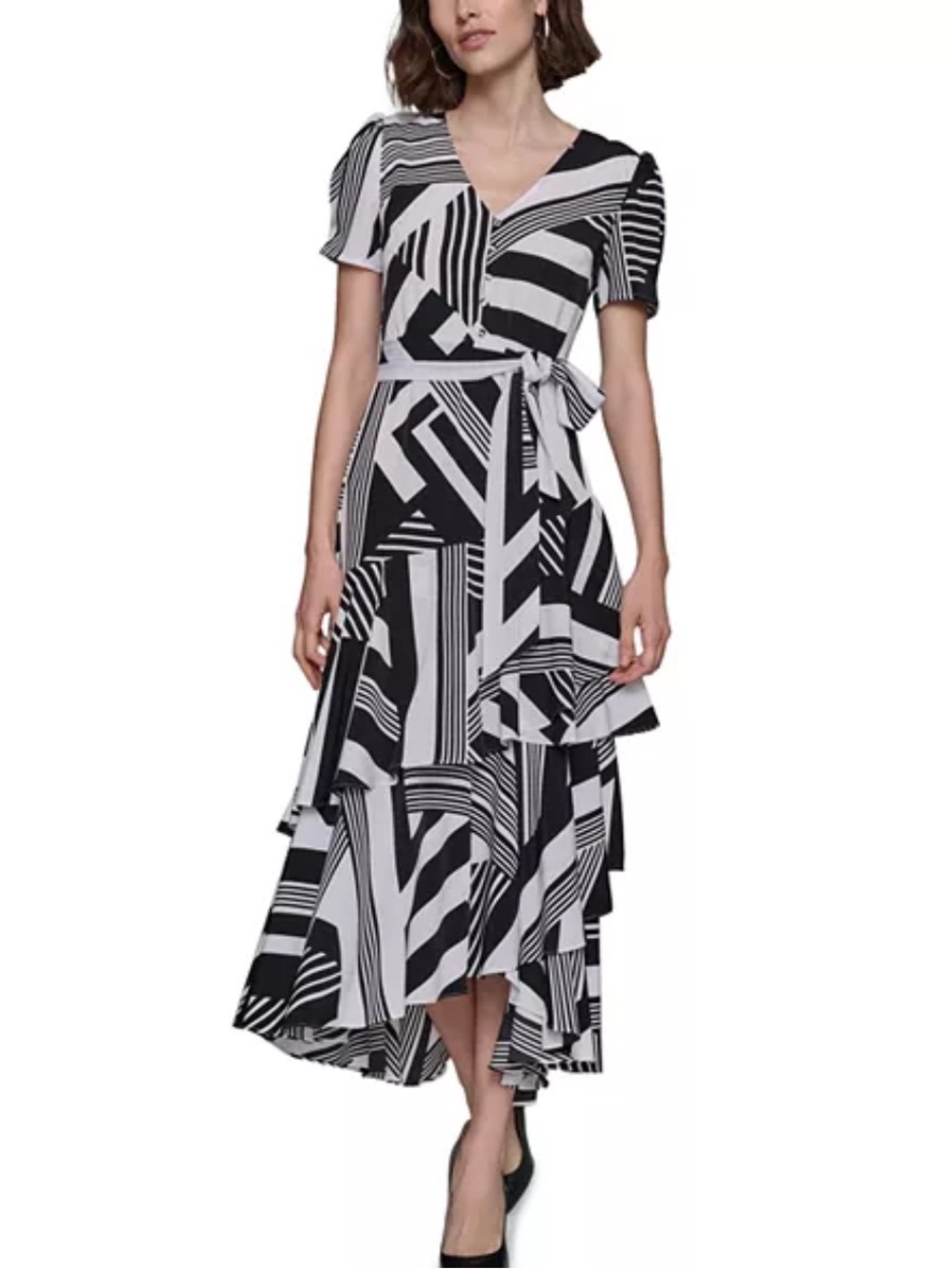 Karl Lagerfeld Paris | Black & White Geometric Wrap Midi Dress